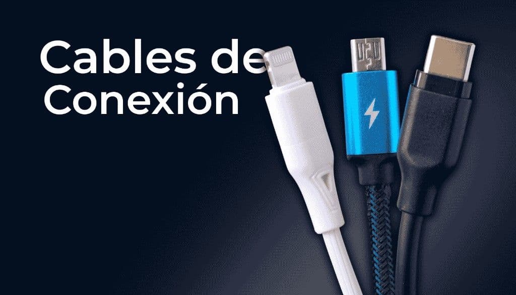 Cables de conexión: cables Lightning, micro-USB y USB-C sobre fondo oscuro