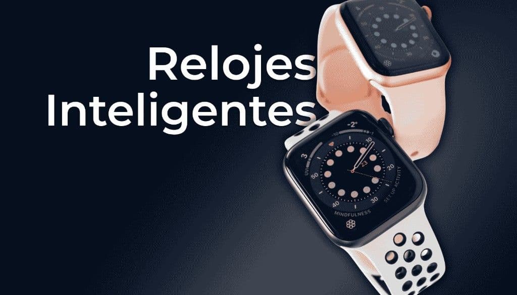 Relojes inteligentes: dos smartwatches, uno rosa y uno blanco, sobre fondo oscuro